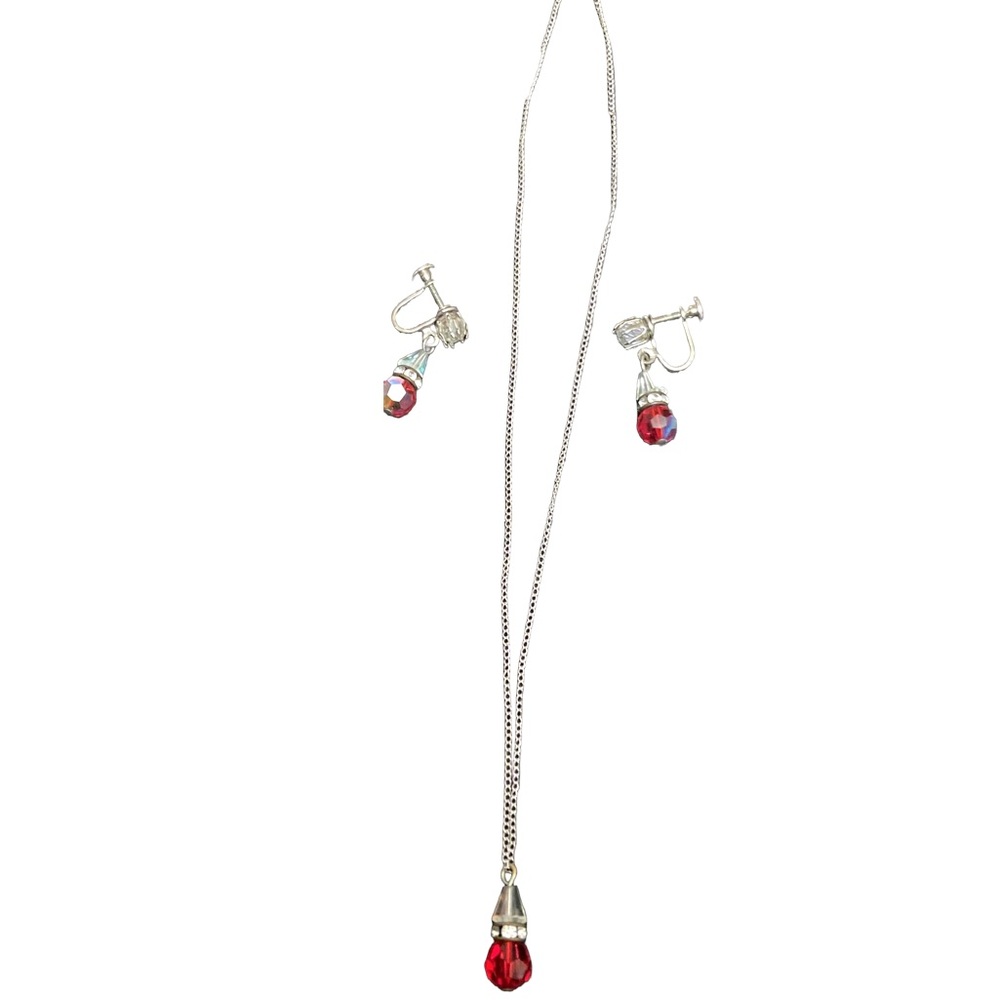 Vintage Dangling Red Aurora Borealis Dangling Beads Earrings With Necklace